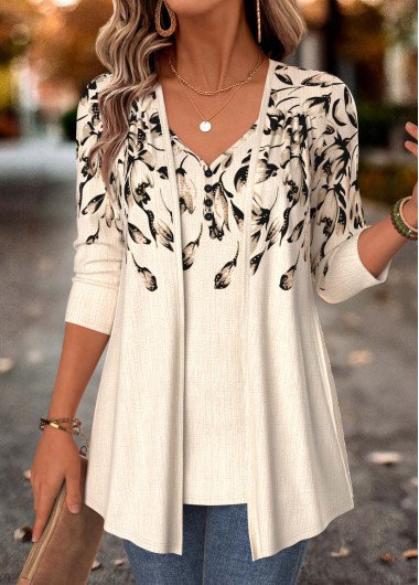 Floral Print Beige Fake Two Piece Twinset