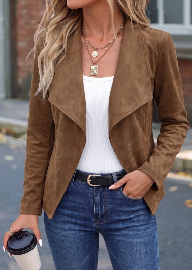 Dark Coffee Long Sleeve Turn Down Collar Jacket