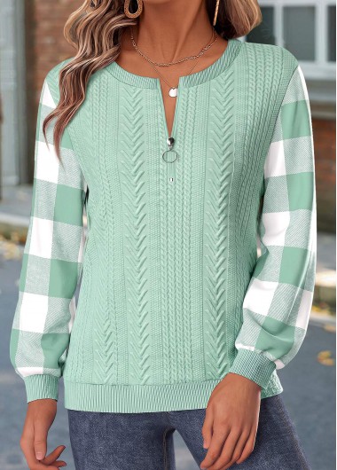 Plaid Button Sage Green Long Sleeve Sweatshirt