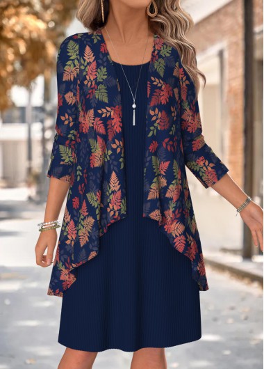 Leaf Print Two-piece Navy Long Sleeve Dress and Cardigan
