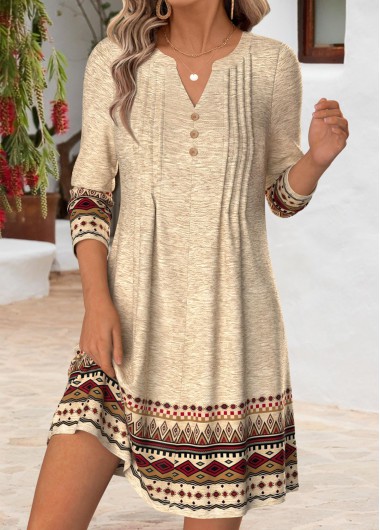 Tribal Print Tuck Stitch Light Camel Short Dress