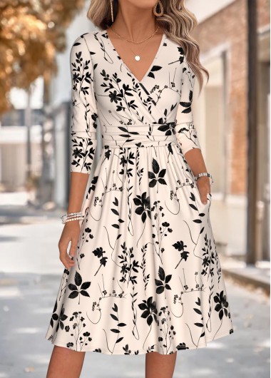 Leaf Print Shirred Beige Long Sleeve V Neck Dress