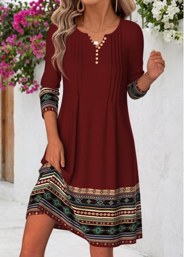 Tribal Print Tuck Stitch Deep Red Short Dress