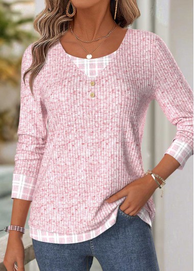 Plaid Light Blue Long Sleeve V Neck T Shirt