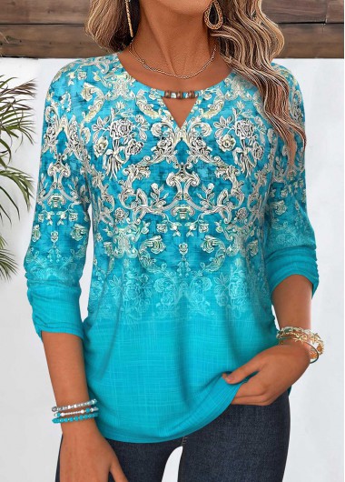 Tribal Print Shirred Cyan 3/4 Sleeve Blouse