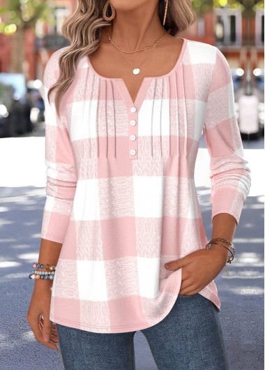 Plaid Curved Hem Light Pink Long Sleeve T Shirt