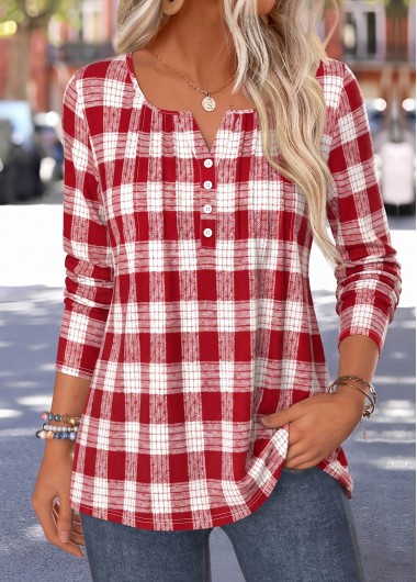 Plaid Curved Hem Red Long Sleeve T Shirt Plaid Curved Hem Red Long Sleeve T Shirt