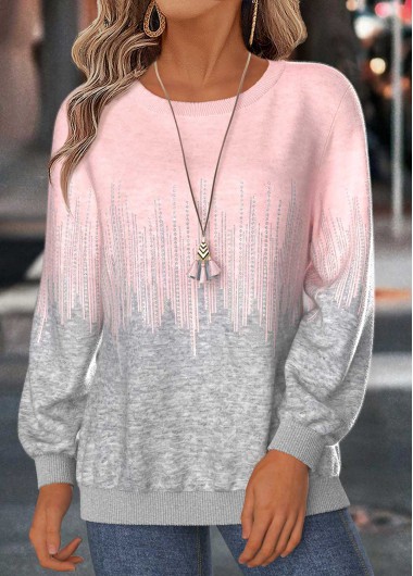 Geometric Print Tummy Coverage Pink Long Sleeve Sweatshirt