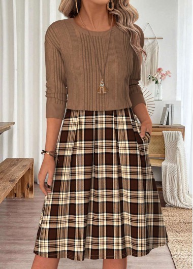 Plaid Patchwork Light Coffee Long Sleeve Round Neck Dress Plaid Patchwork Light Coffee Long Sleeve Round Neck Dress