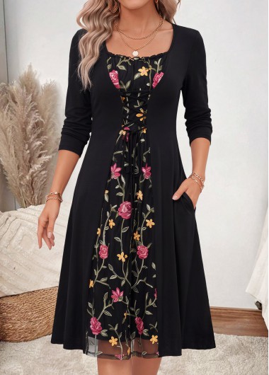 Floral Print Fake 2in1 Black Long Sleeve Dress