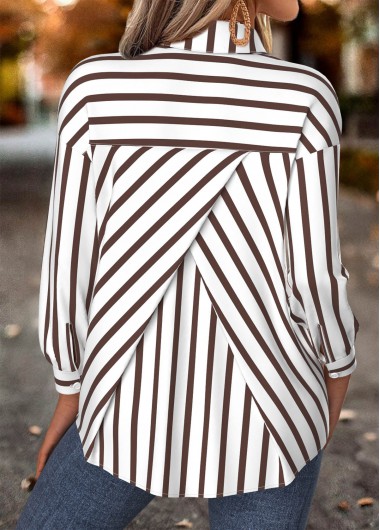 Striped Tummy Coverage Dark Camel Long Sleeve Shirt