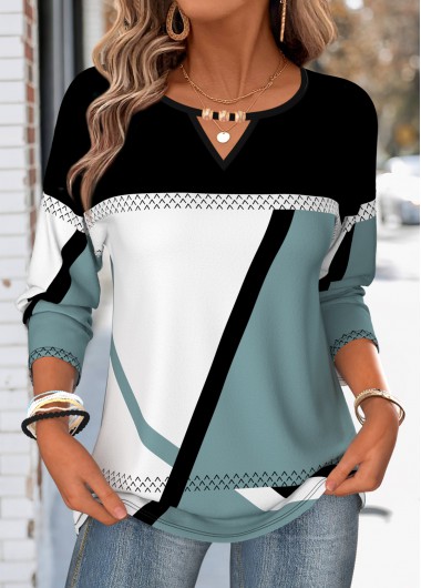 Geometric Print Beaded Multi Color Long Sleeve T Shirt