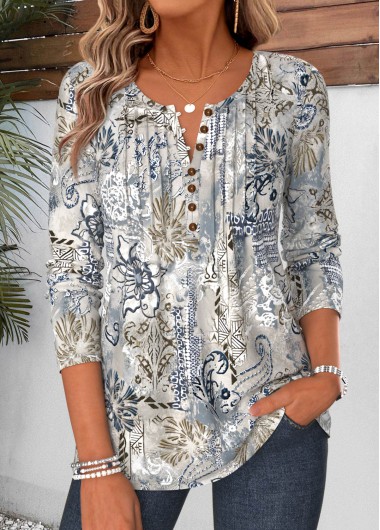 Tribal Print Curved Hem Multi Color T Shirt