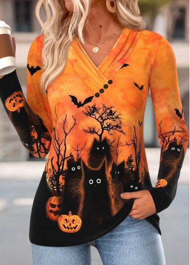 Halloween Shirred Orange Long Sleeve V Neck T Shirt