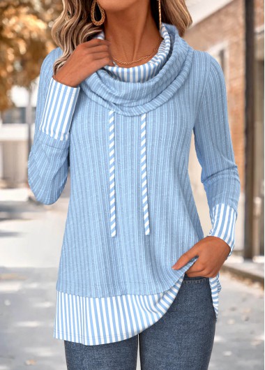 Striped Fake 2in1 Light Blue Long Sleeve Sweatshirt