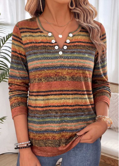 Striped Tummy Coverage Multi Color Long Sleeve T Shirt