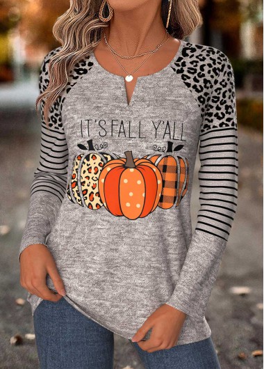 Halloween Curved Hem Gray Brown Long Sleeve T Shirt