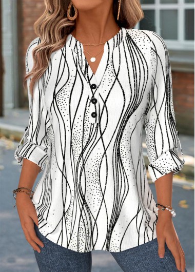 Striped Curved Hem White Long Sleeve Split Neck Shirt