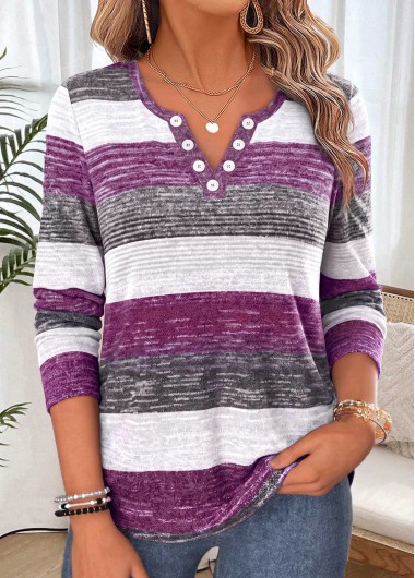 Striped Shirred Purple Long Sleeve Split Neck T Shirt Striped Shirred Purple Long Sleeve Split Neck T Shirt