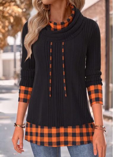 Plaid Tummy Coverage Black Long Sleeve Cowl Neck Sweatshirt