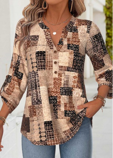Geometric Print Tummy Coverage Dark Coffee Bracelet Sleeve Blouse