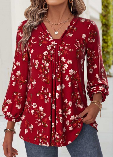 Floral Print Patchwork Wine Red Bracelet Sleeve Blouse