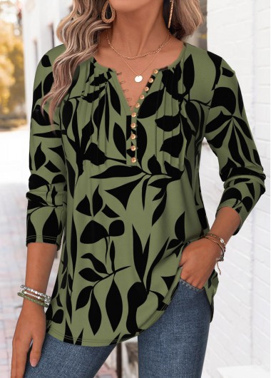 Plants Print Tuck Stitch Blackish Green T Shirt