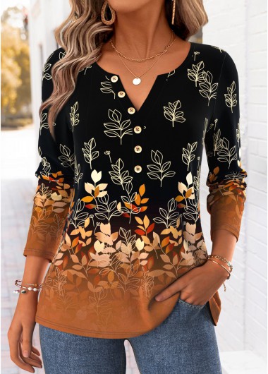 Leaf Print Curved Hem Dark Camel T Shirt