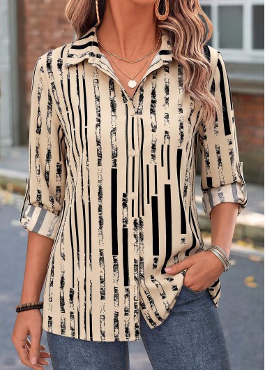 Geometric Print Tummy Coverage Light Camel 3/4 Sleeve Shirt Geometric Print Tummy Coverage Light Camel 3/4 Sleeve Shirt