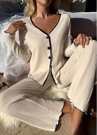 Beige V Neck Long Sleeve Lounge Top and Pants