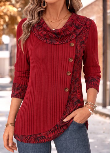 Leaf Print Patchwork Red Long Sleeve T Shirt