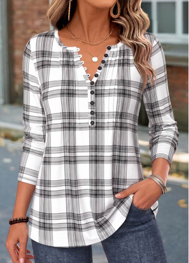 Plaid Curved Hem White Long Sleeve T Shirt