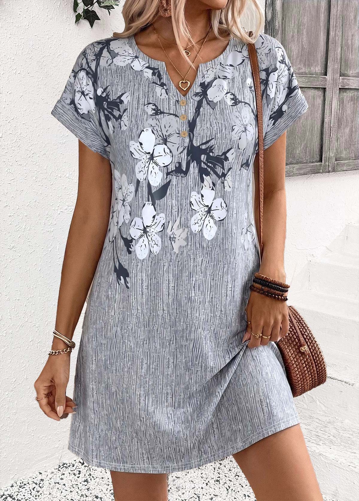 Floral Print Tummy Coverage Grey Short Split Neck Dress