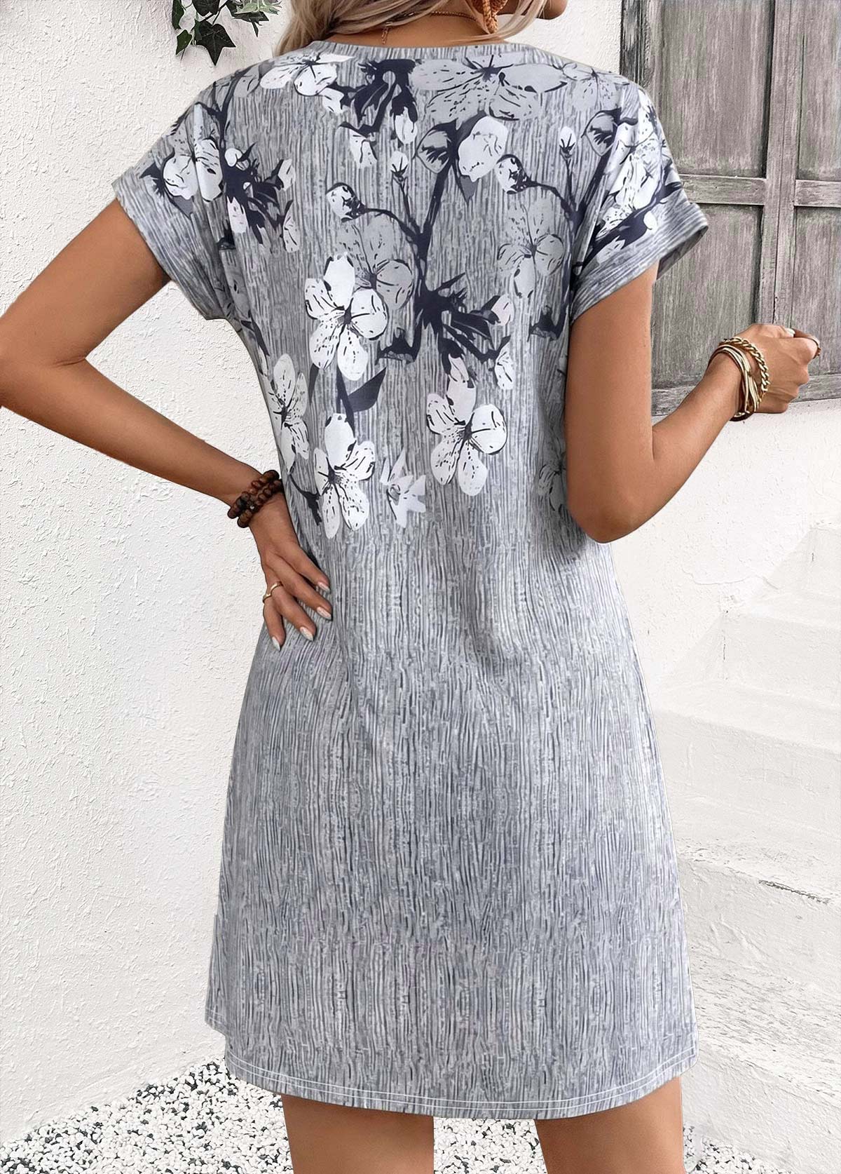 Floral Print Tummy Coverage Grey Short Split Neck Dress