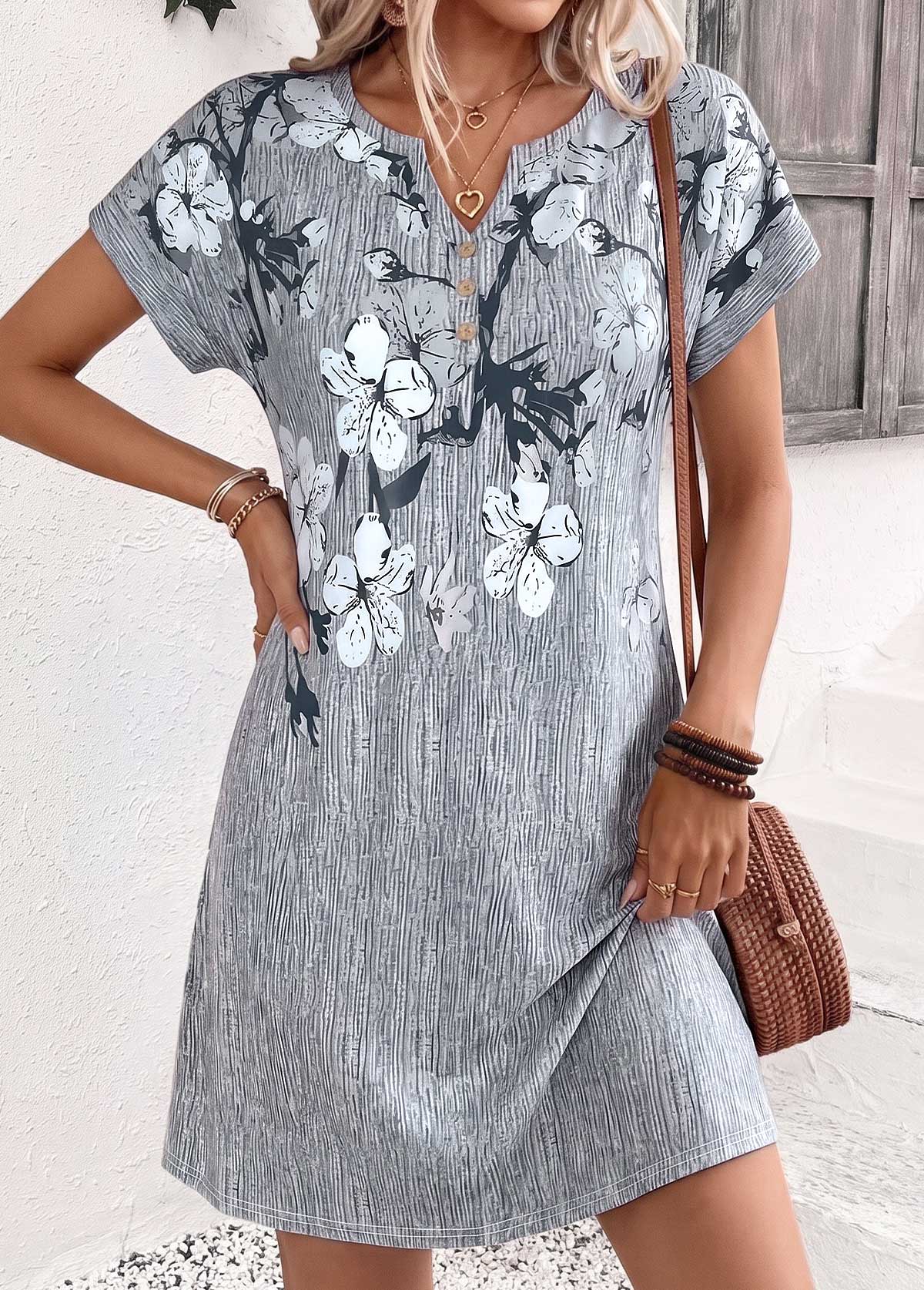 Floral Print Tummy Coverage Grey Short Split Neck Dress