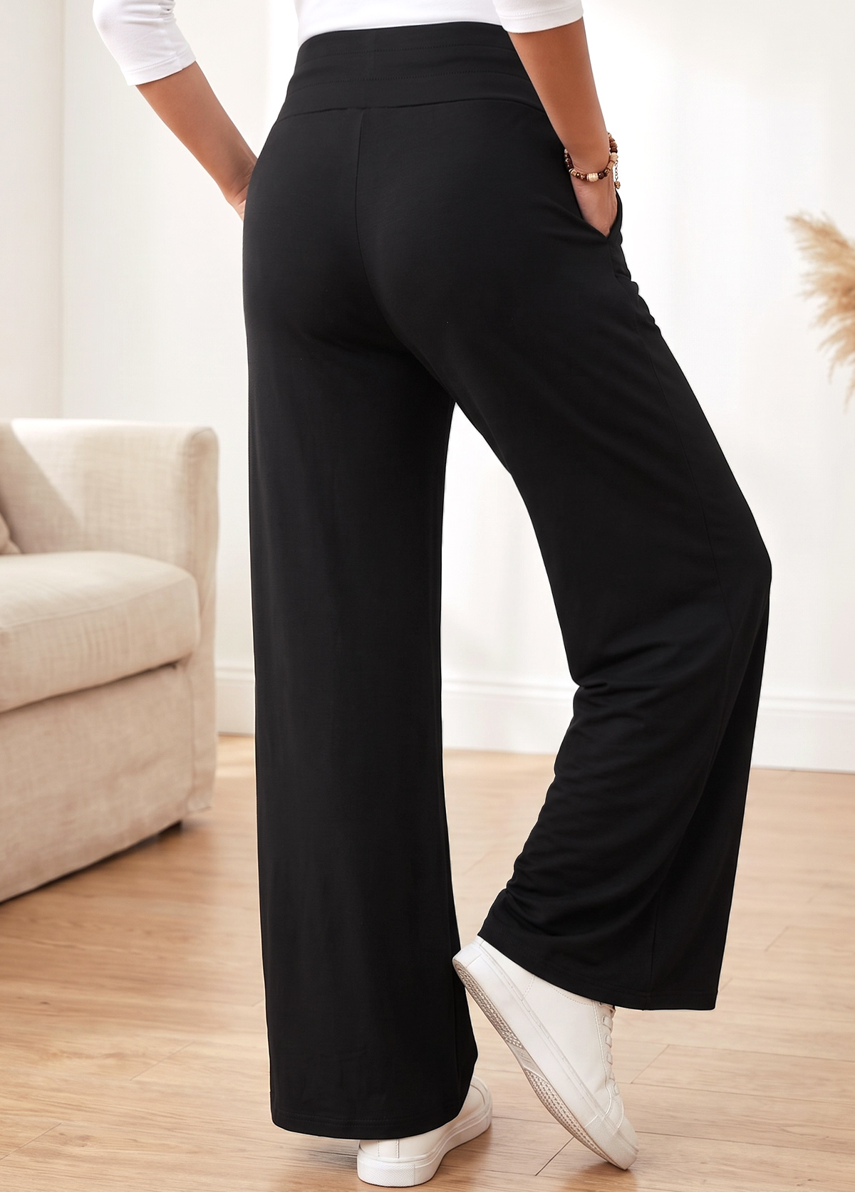 Black Straight Leg Elastic Waist High Waisted Pants