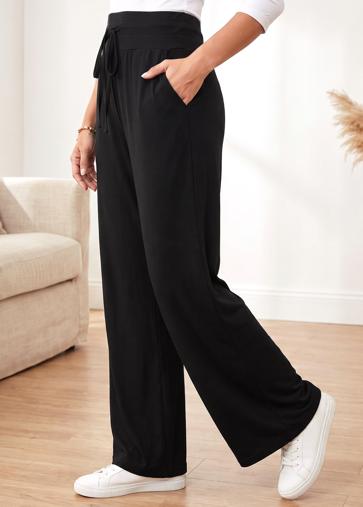Black Straight Leg Elastic Waist High Waisted Pants