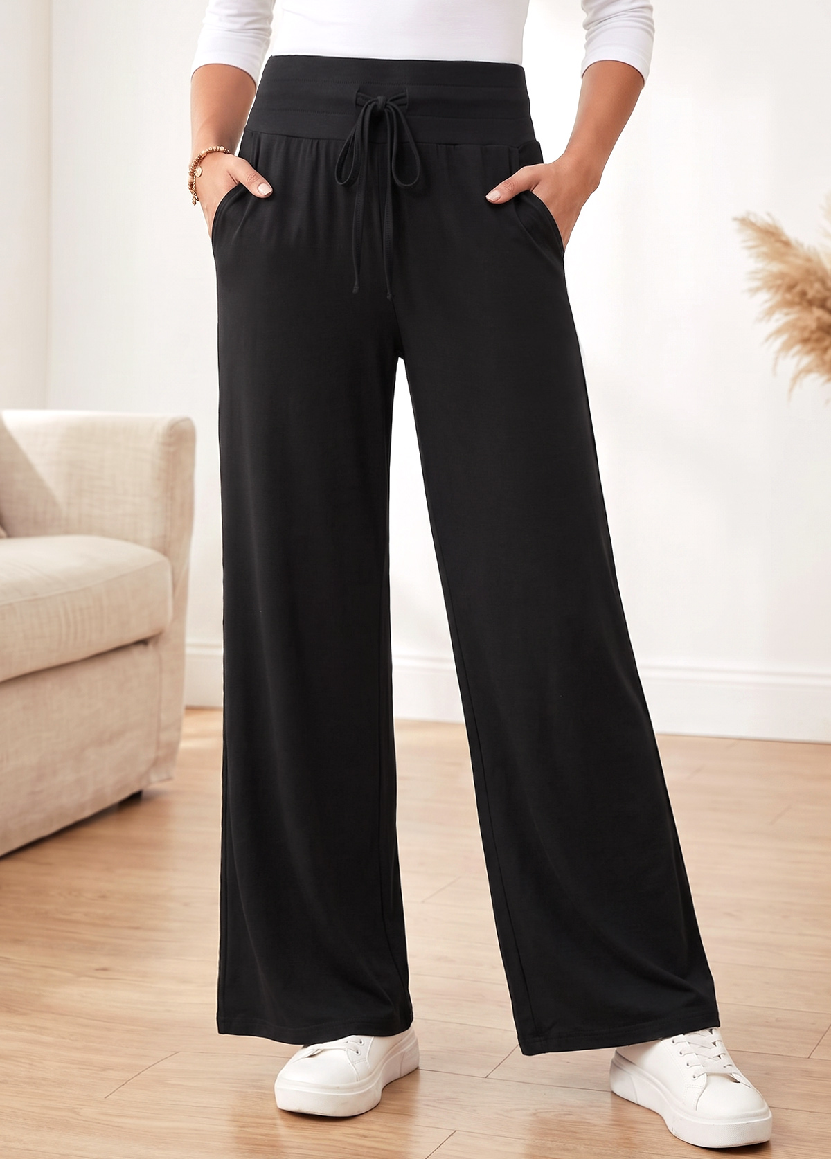 Black Straight Leg Elastic Waist High Waisted Pants