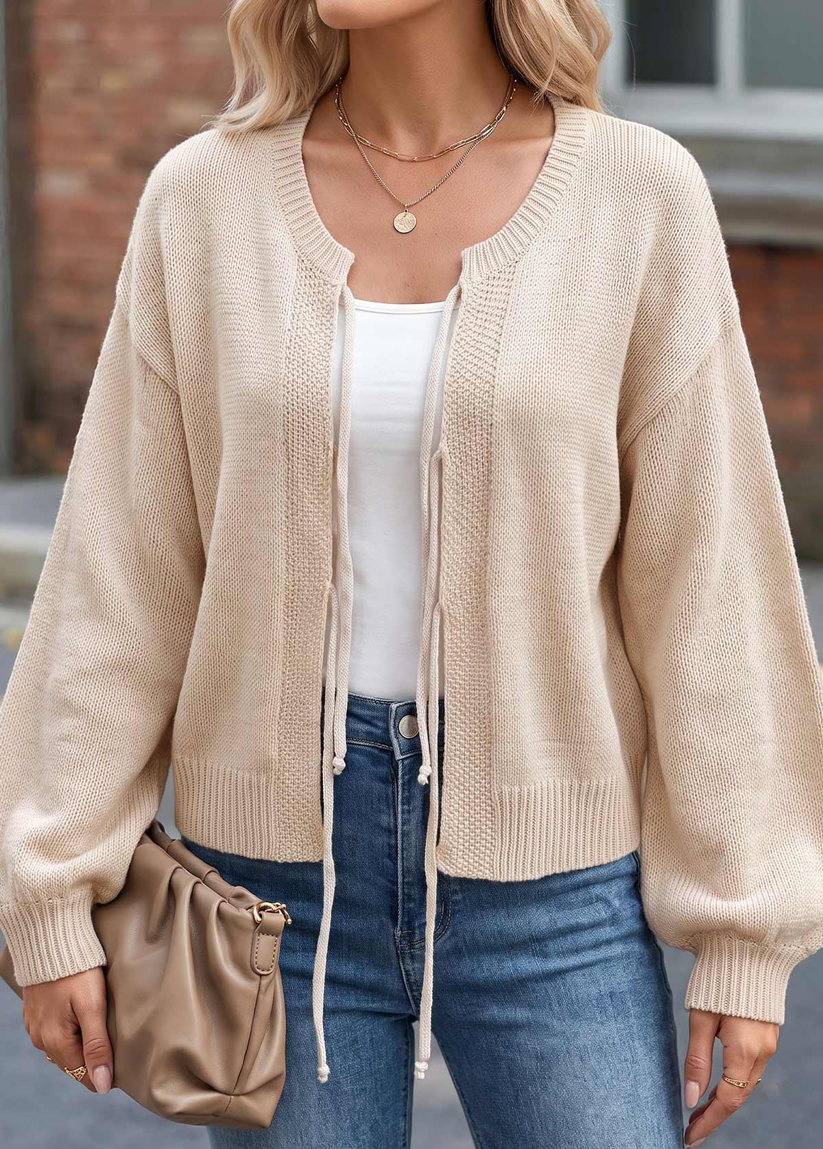 Bowknot Beige Long Sleeve Round Neck Sweater