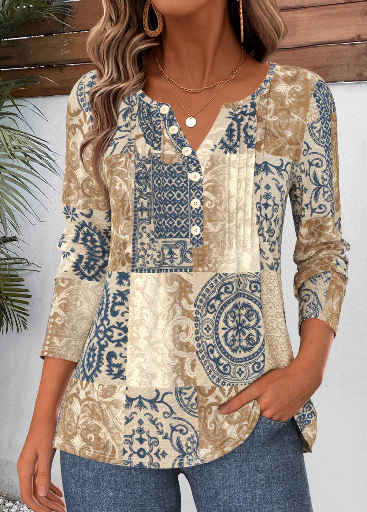 Tribal Print Tuck Stitch Multi Color T Shirt