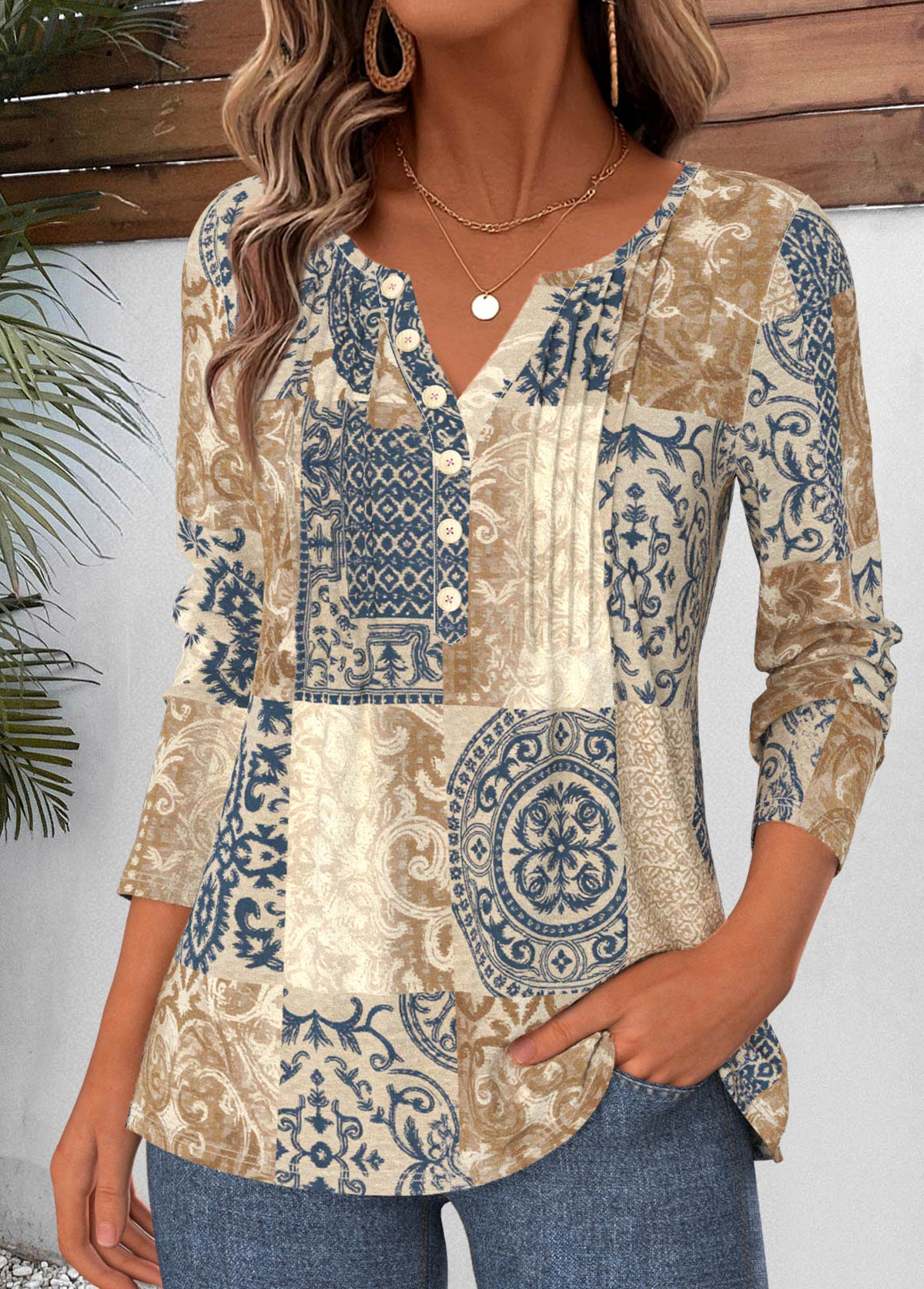 Tribal Print Tuck Stitch Multi Color T Shirt