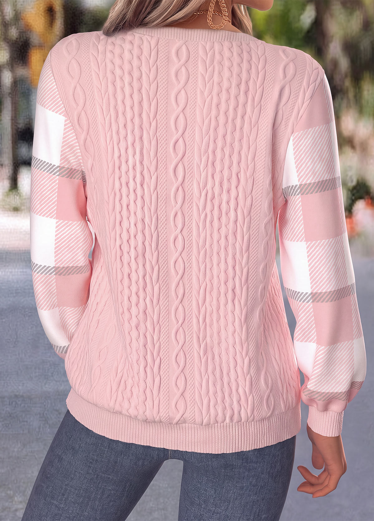 Plaid Button Light Pink Long Sleeve Sweatshirt