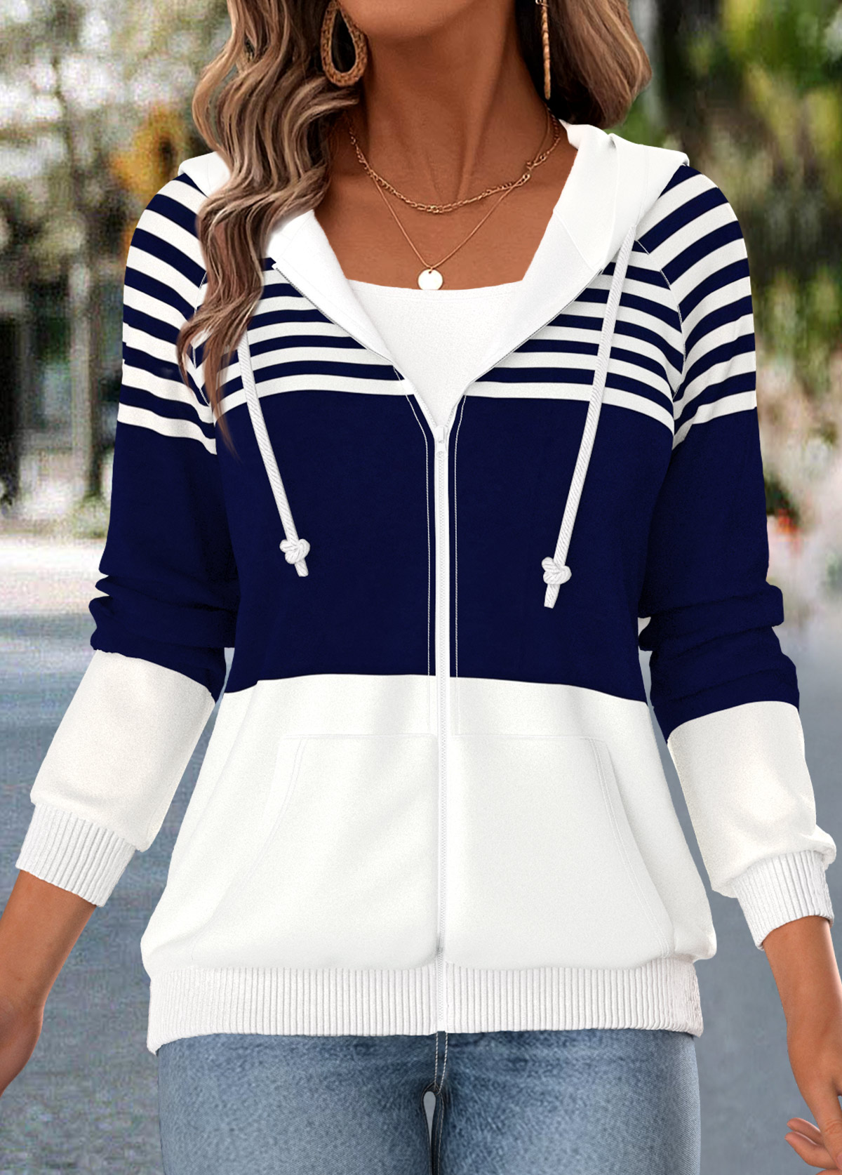 Striped Kangaroo Pocket Navy Coat and Camisole Top