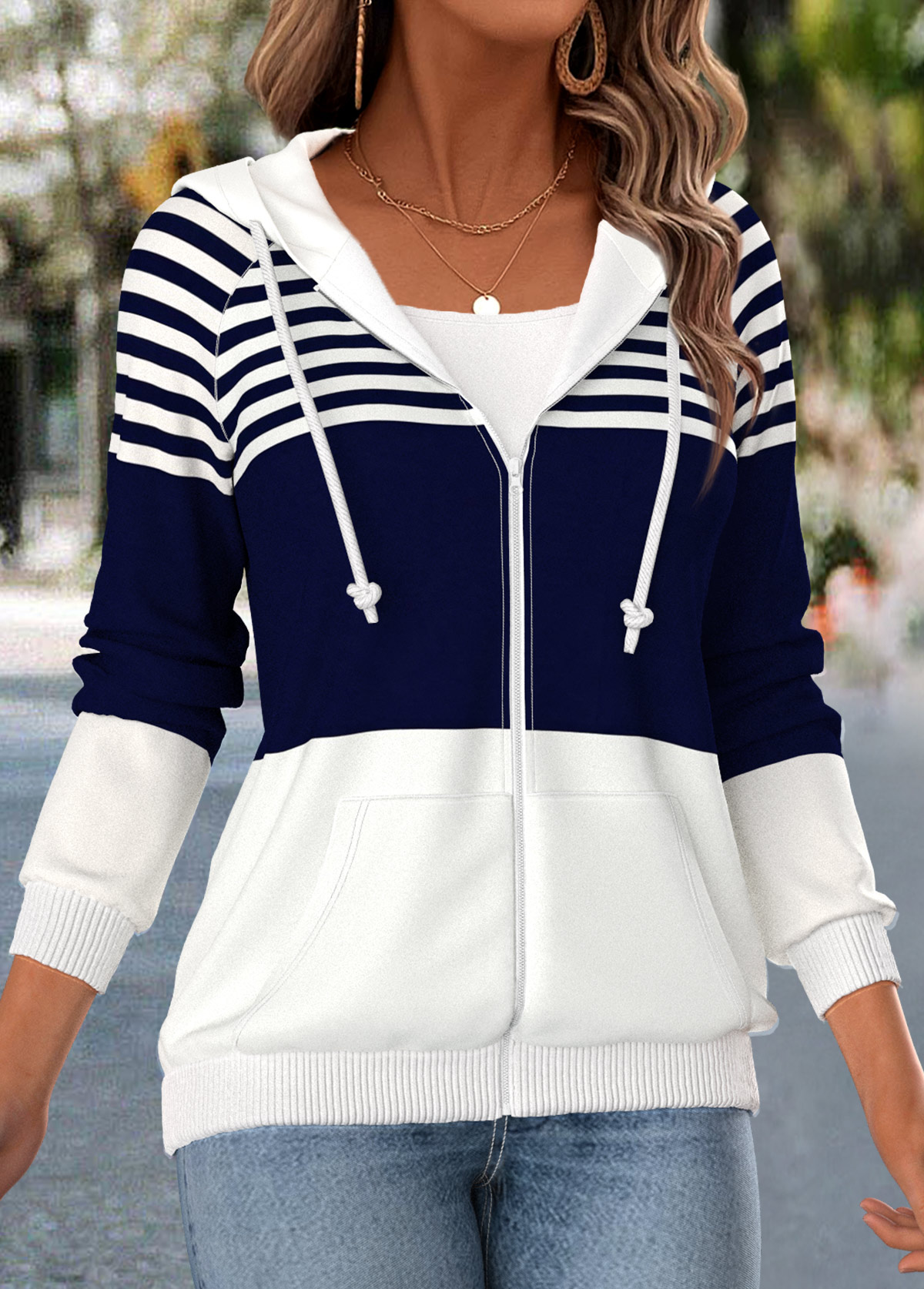Striped Kangaroo Pocket Navy Coat and Camisole Top