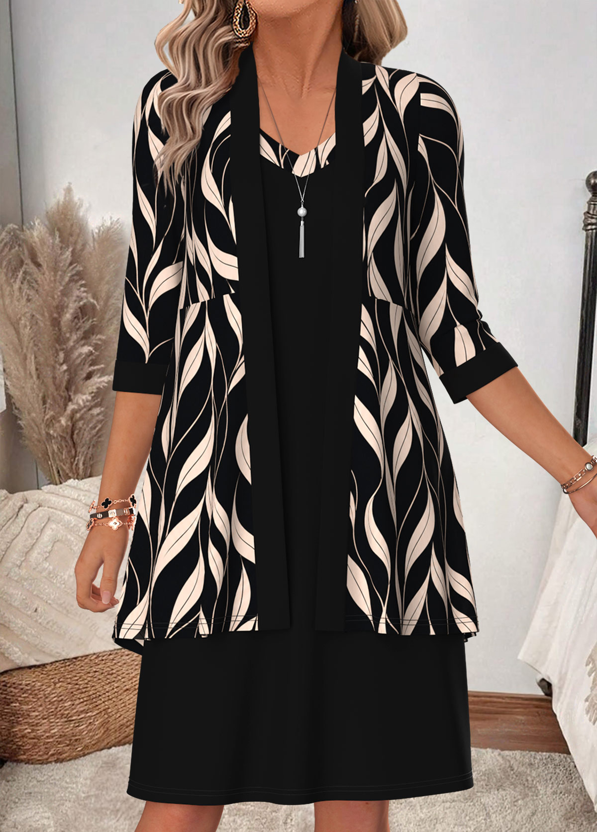 Leaf Print Two-piece Black 3/4 Sleeve Dress and Cardigan
