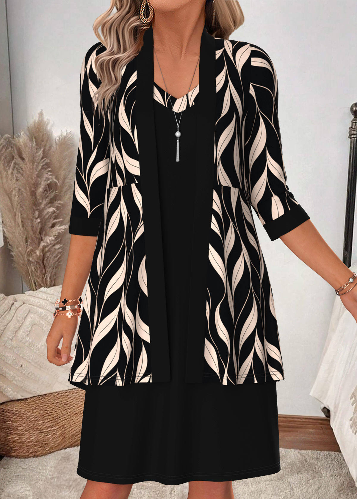Leaf Print Two-piece Black 3/4 Sleeve Dress and Cardigan