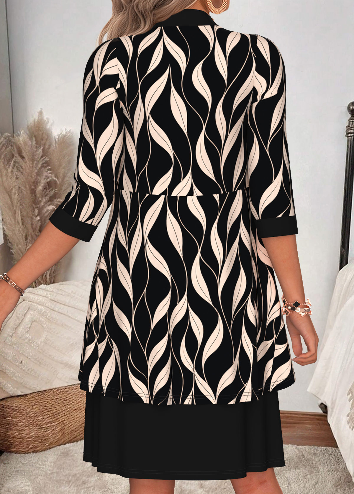 Leaf Print Two-piece Black 3/4 Sleeve Dress and Cardigan