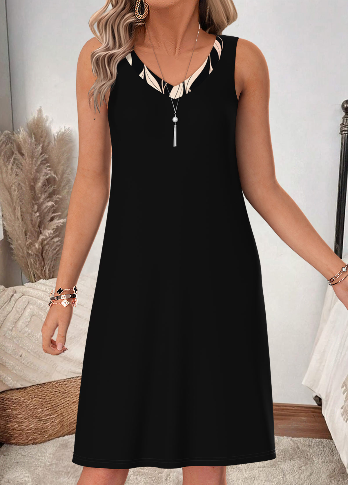 Leaf Print Two-piece Black 3/4 Sleeve Dress and Cardigan