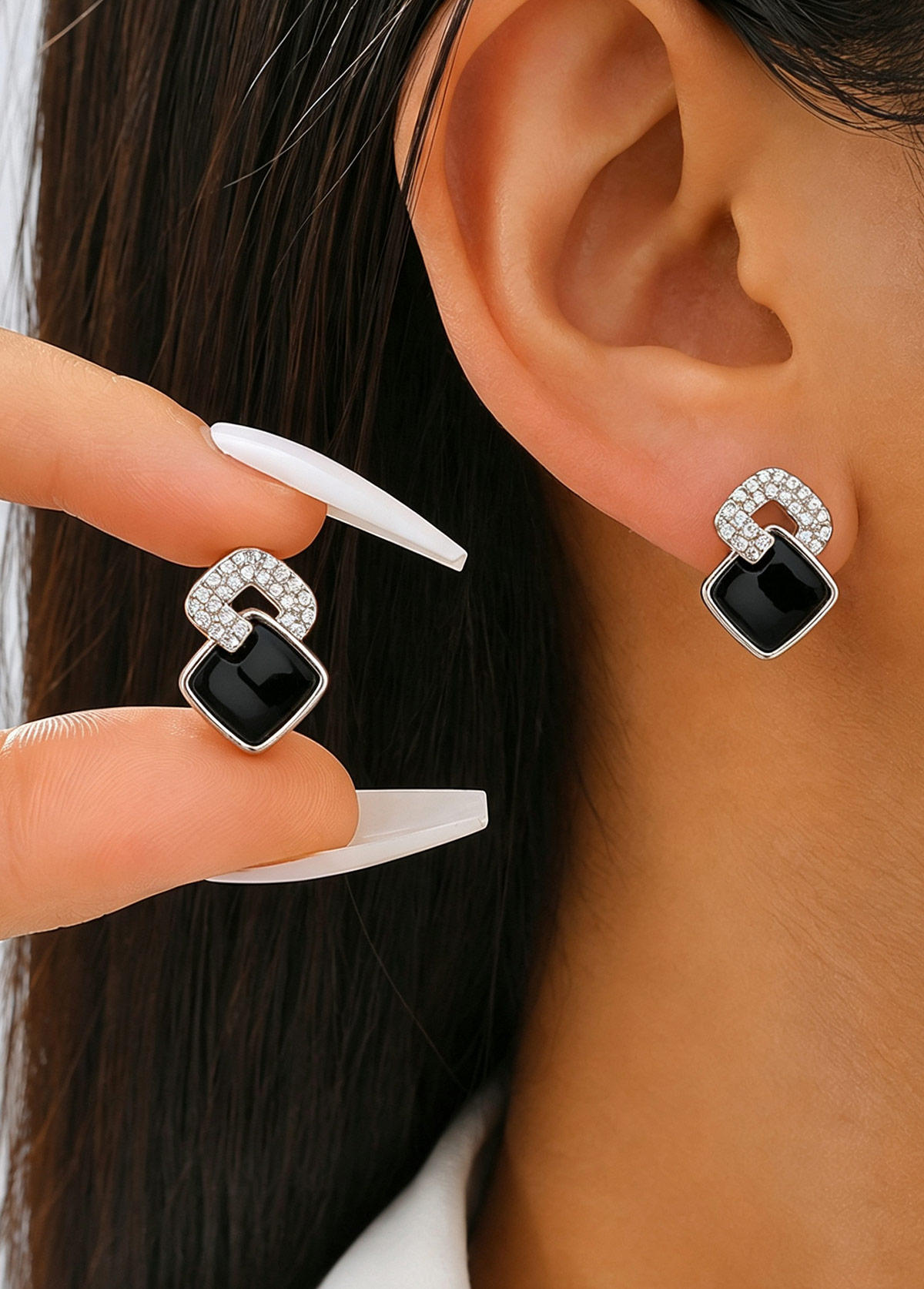 Black Square Alloy Detail Ear Studs