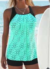 Hollow Out Tummy Coverage Cyan Tankini Top and Bra-No Bottom